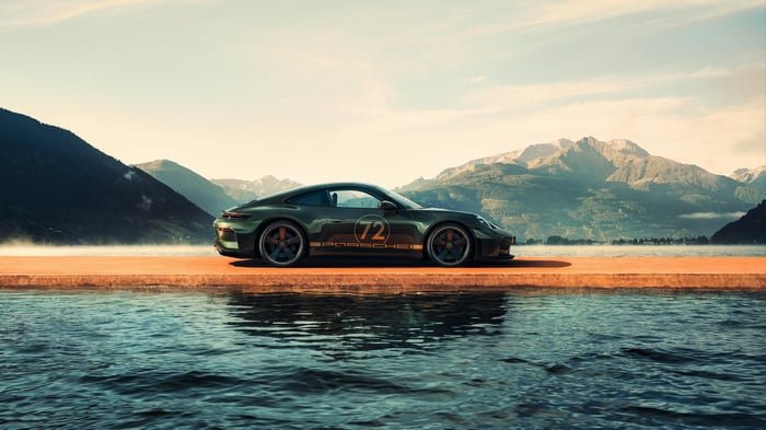 Porsche 911 GT3 with "72" decal by a lake