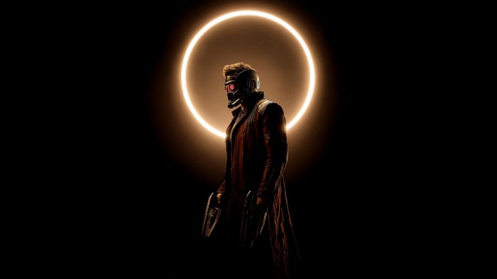 Star Lord in front of a glowing ring