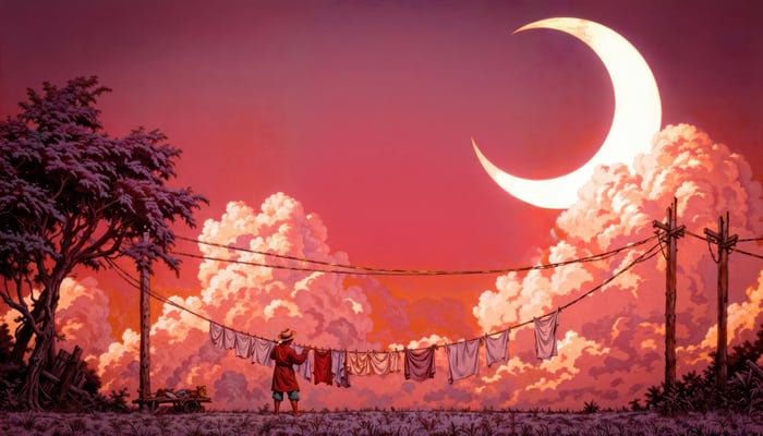 Man hanging laundry under a crescent moon
