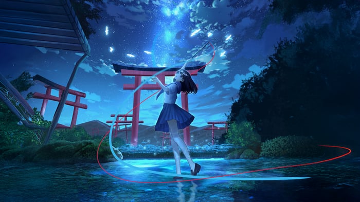 Anime girl dancing under a starry sky at a shrine