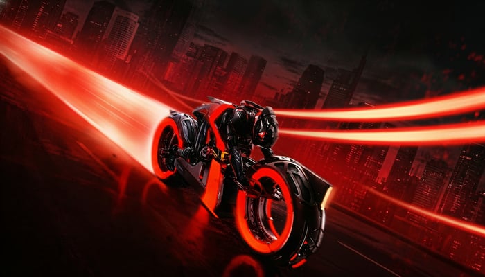 Tron Ares Motorcycle in a Neon City