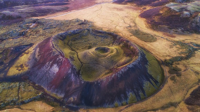 Aerial view of a colorful volcanic crater in Iceland