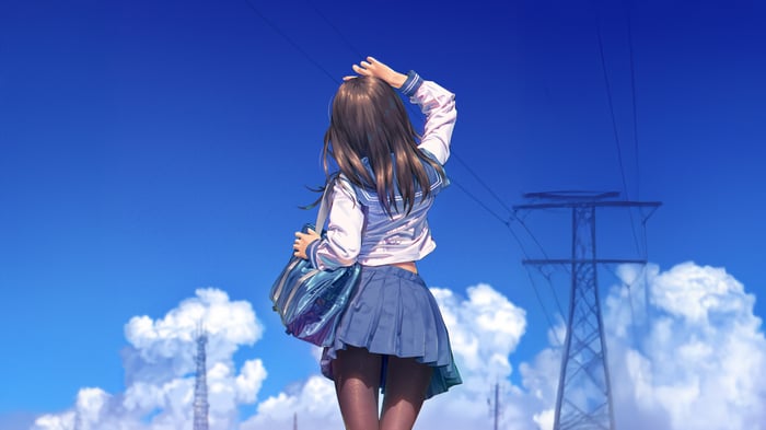 Anime School Girl with Bag Under Blue Sky