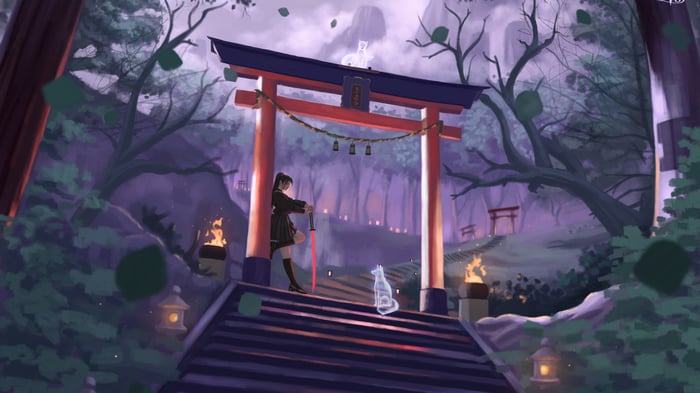 Girl with sword at Japanese temple with ghost fox