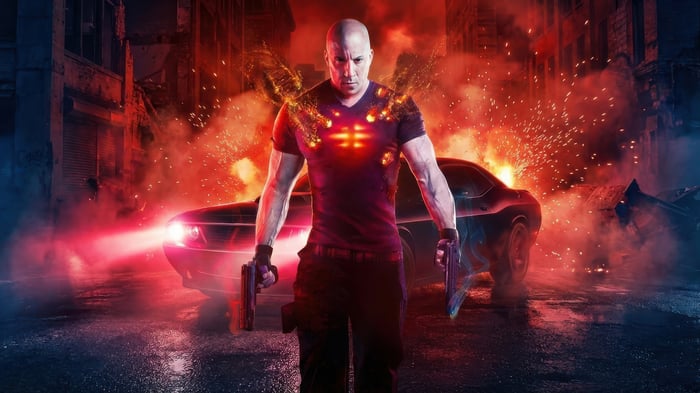 Bloodshot Vin Diesel in Fiery Cityscape