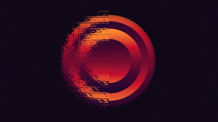 Red pixelated circle with orange and purple gradient