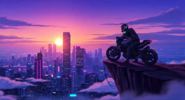 Cyberpunk Rider on Cliff Overlooking Futuristic City