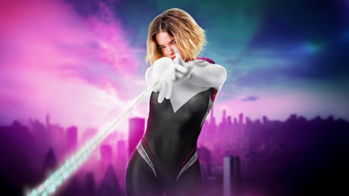 Milly Alcock as Spider-Gwen with a cityscape background