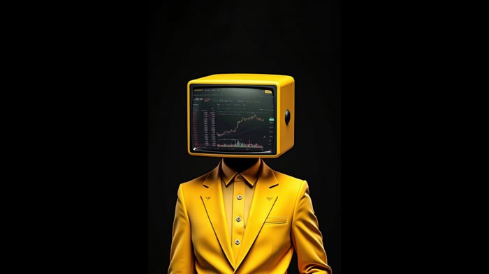 Man with a TV screen for a head displaying a stock chart