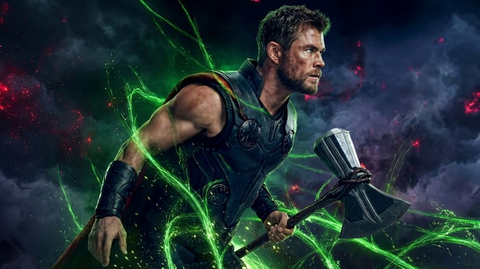 Thor Holding Stormbreaker in a Lightning Storm