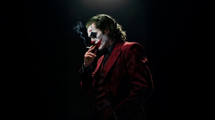 Joker smoking a cigarette in a red suit