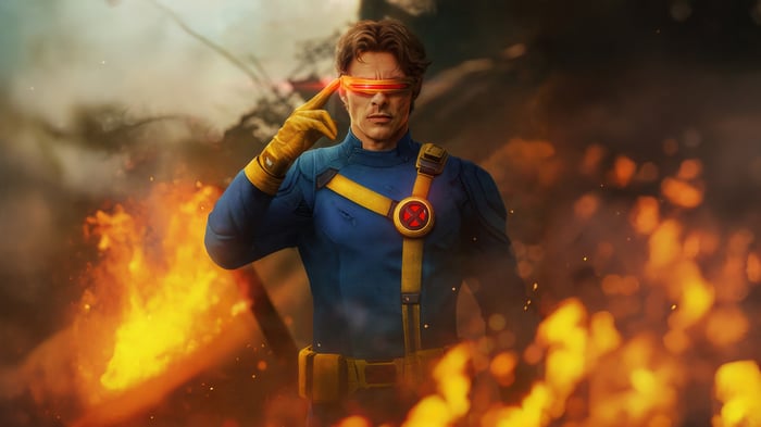 Cyclops from X-Men in front of fire