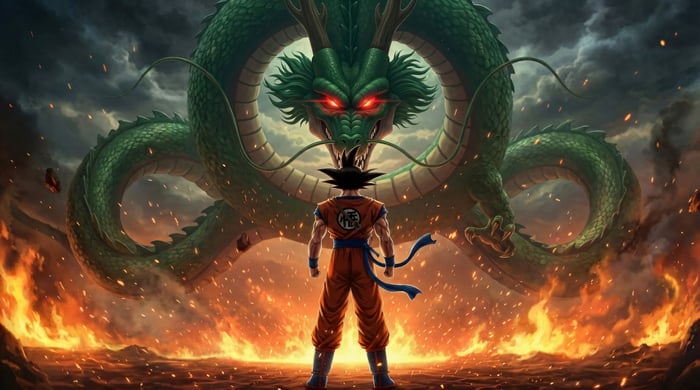 Goku Confronts Shenron, the Dragon God