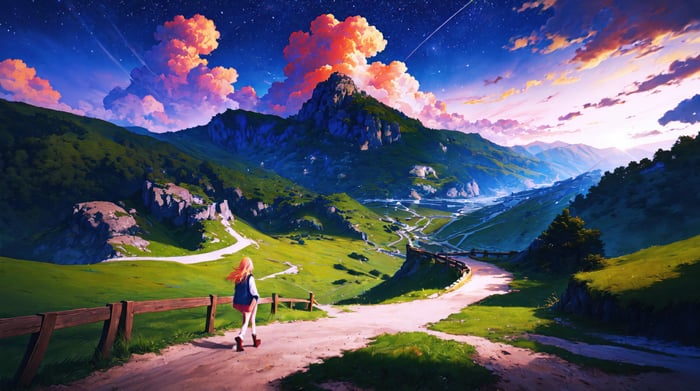 Anime girl hiking through a mountain valley