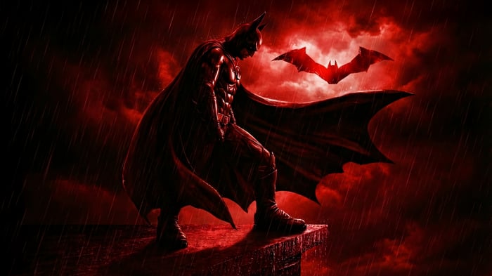 Batman standing on a ledge with a bat symbol in the sky