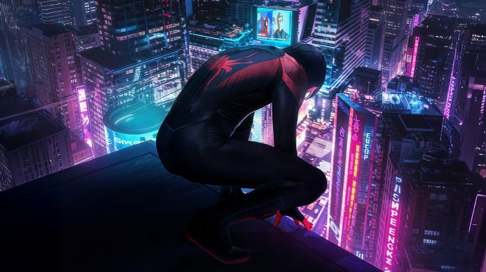 Miles Morales Crouching on a Rooftop Overlooking a Neon City