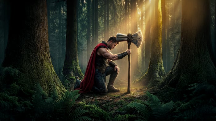 Thor kneeling with Mjolnir in a forest