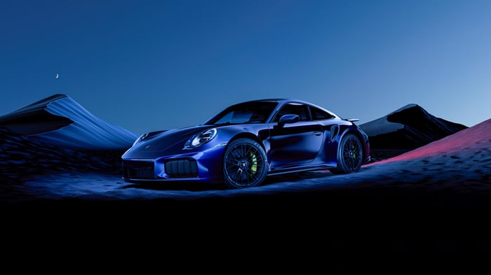 Blue Porsche 911 Turbo in a Desert Landscape