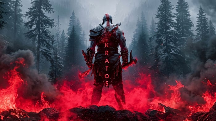 Kratos in a fiery forest