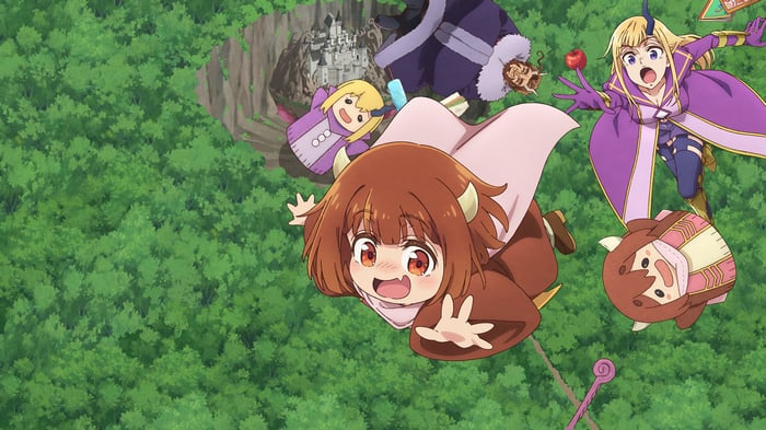 Anime characters falling from the sky over a forest