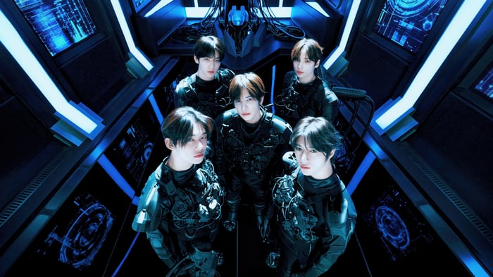 TOMORROW X TOGETHER in futuristic sci-fi outfits