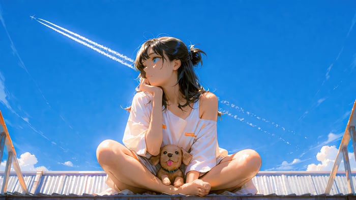 Anime Girl and Puppy on a Rooftop 4K