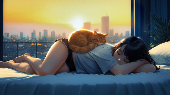 Anime Girl Sleeping with Cat on Back 4K
