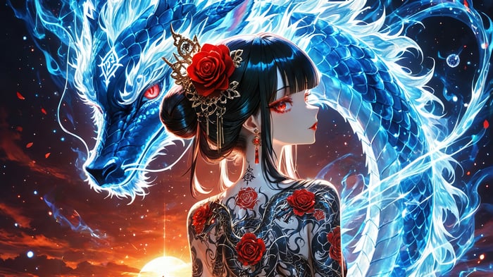 Anime Girl with Rose Tattoo and Blue Dragon 4K