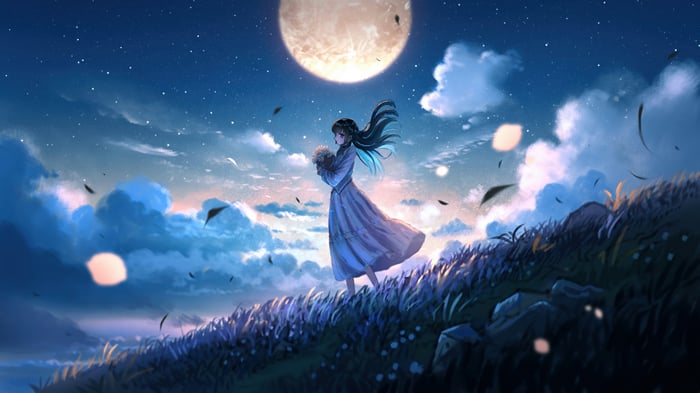 Anime Girl Holding Flowers Under the Moon 4K