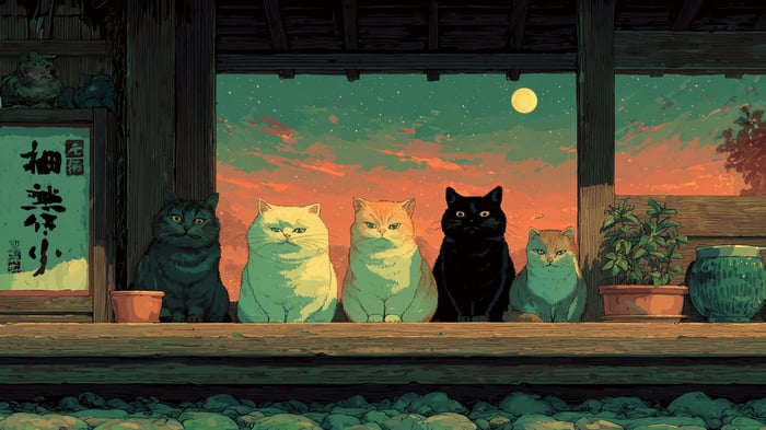 Anime cats sitting on a porch at sunset 4K