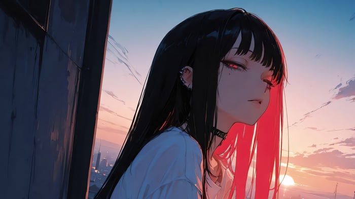Anime Girl with Red Eyes at Sunrise 4K