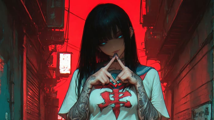 Anime Girl with Tattoos in Red Alley 4K
