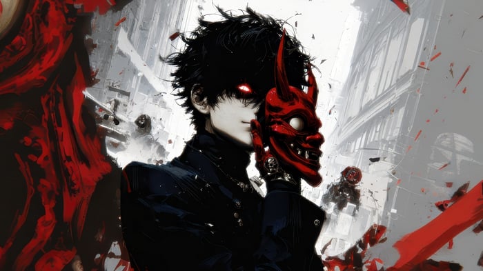 Anime Boy Holding a Red Oni Mask