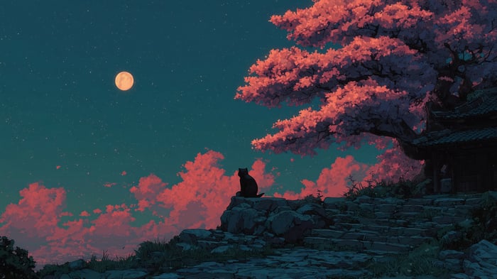 Black Cat Under Cherry Blossoms and Moon 4K