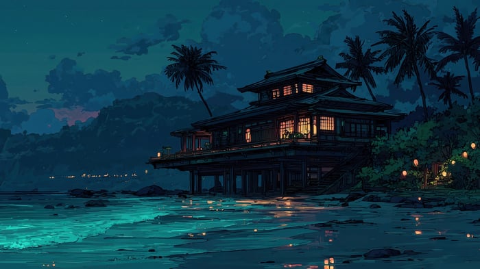 Beach at Night with Traditional Japanese House