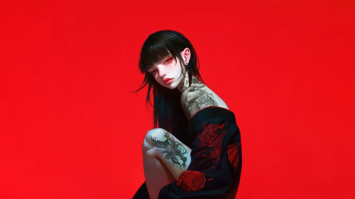 Anime Girl with Red Eyes and Tattoos 4K