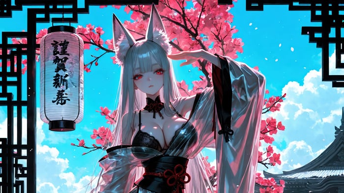 Anime Girl with Fox Ears and Red Eyes in Kimono