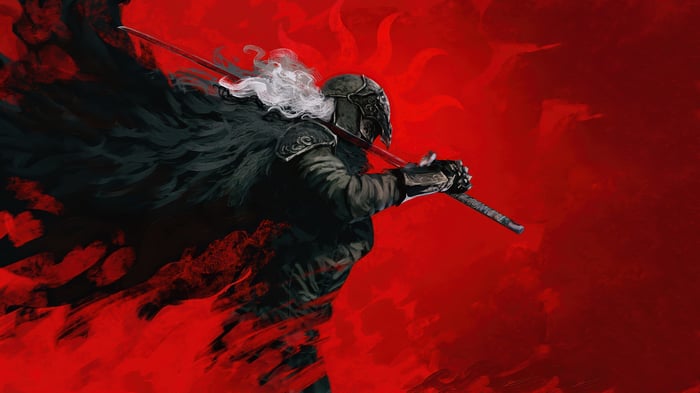 Warrior with a red sword and black cape in 4K