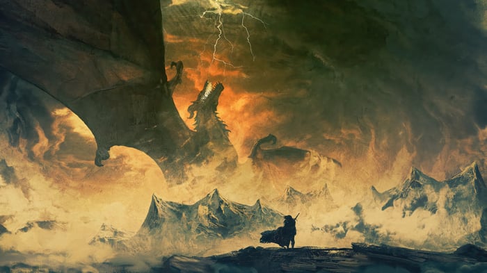 Dragon and Warrior in Mountains 4K