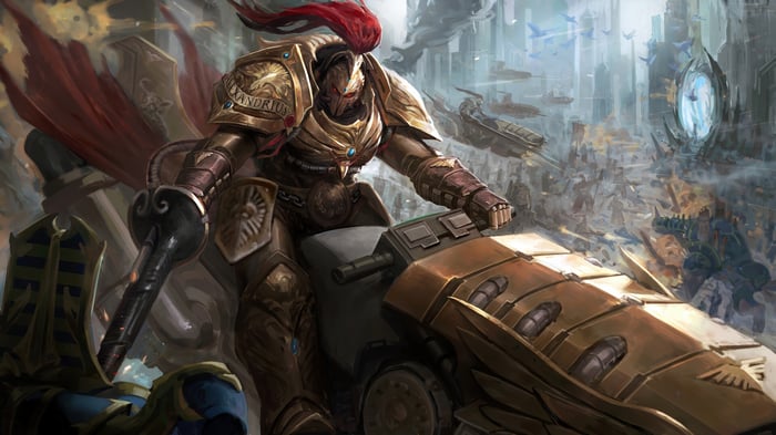 Warhammer Custodian on a Bike in a City Battle