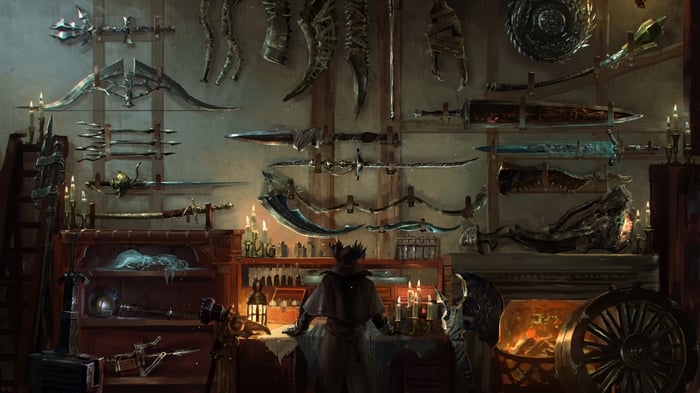 Bloodborne weapons display in a workshop