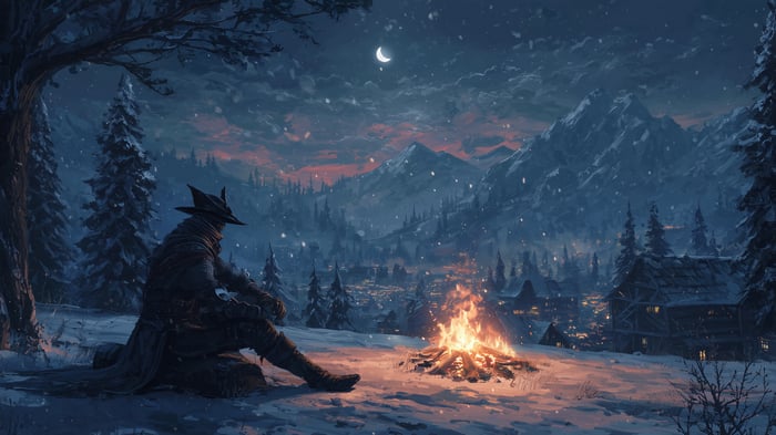 Bloodborne Hunter by a Bonfire in Winter 4K