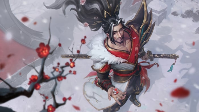 Yasuo holding a flower with cherry blossoms in the snow