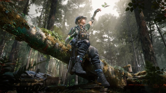 Delta Force Soldier Interacting with Butterfly in Forest