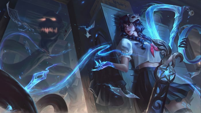Gwen from League of Legends with a spectral entity