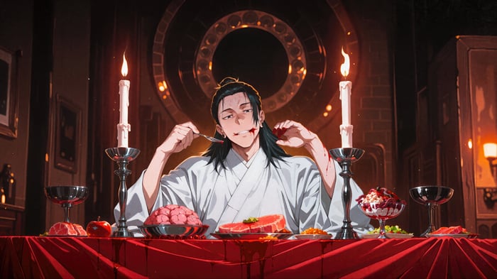 Suguru Geto eating raw meat at a table