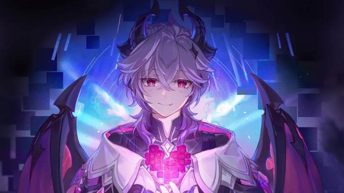 Durin from Genshin Impact holding a pixelated heart
