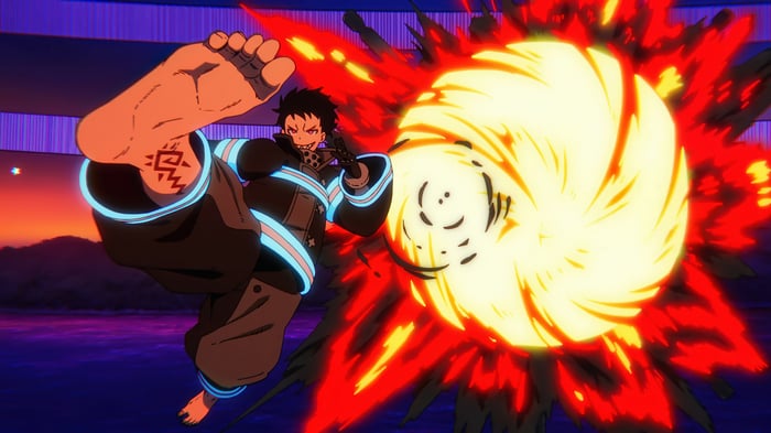Fire Force: Shinra Kusakabe uses fiery kick