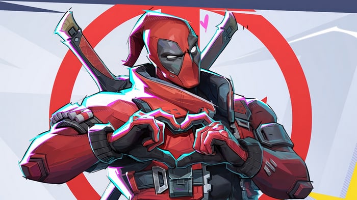 Deadpool from Marvel Rivals making a heart shape