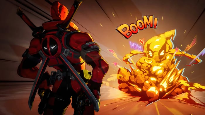 Deadpool in Marvel Rivals during an explosion